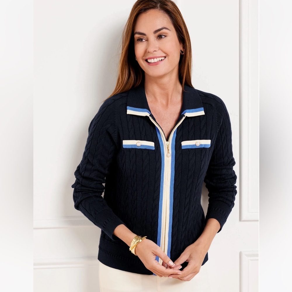 Talbots Navy Cable Knit Cardigan with Light Blue and White Details